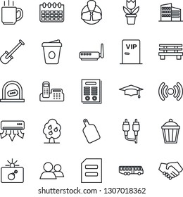 Thin Line Icon Set - airport bus vector, bomb in case, ticket office, graduate, document, coffee, calendar, flower pot, shovel, bench, garden light, client, group, rca, phone, contract, fruit tree