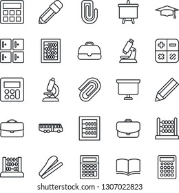 Thin Line Icon Set - airport bus vector, checkroom, book, calculator, graduate, abacus, presentation board, microscope, case, paper clip, pencil, stapler