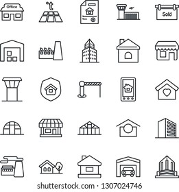 Thin Line Icon Set - airport tower vector, barrier, building, office, factory, house, greenhouse, store, warehouse storage, with tree, garage, estate document, sold signboard, sweet home, insurance