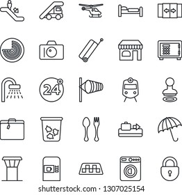 Thin Line Icon Set - airport tower vector, taxi, suitcase, baggage conveyor, spoon and fork, 24 around, coffee machine, automatic door, train, umbrella, escalator, trash bin, stamp, shop, bed, wind