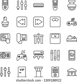 Thin Line Icon Set - airport tower vector, baggage conveyor, security gate, scales, gamepad, settings, remote control, fast forward, rewind, tuning, stamp, air conditioner, vip zone, intercome