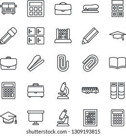 Thin Line Icon Set - airport bus vector, checkroom, book, calculator, graduate, abacus, presentation board, microscope, case, paper clip, pencil, stapler