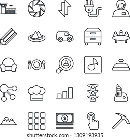 Thin Line Icon Set - airport building vector, meeting, pencil, traffic light, support, touch screen, radio phone, menu, mobile camera, data exchange, music, bar graph, archive box, mountains, cafe