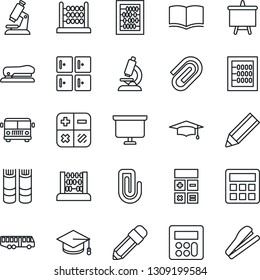 Thin Line Icon Set - airport bus vector, checkroom, book, calculator, graduate, abacus, presentation board, microscope, paper clip, pencil, stapler