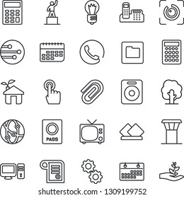 Thin Line Icon Set - airport tower vector, tv, passport, pedestal, bulb, tree, term, network, touch screen, speaker, folder, eye id, calendar, paper clip, calculator, office phone, serviette, pc