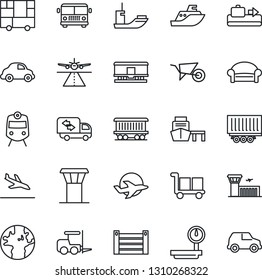Thin Line Icon Set - airport tower vector, runway, arrival, baggage conveyor, bus, train, waiting area, fork loader, building, wheelbarrow, earth, railroad, plane, sea shipping, truck trailer, port