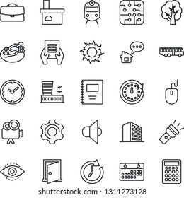 Thin Line Icon Set - airport bus vector, train, building, office, mouse, document, tree, sun, fireplace, route, speaker, video camera, settings, torch, eye id, calendar, case, copybook, clock, chip