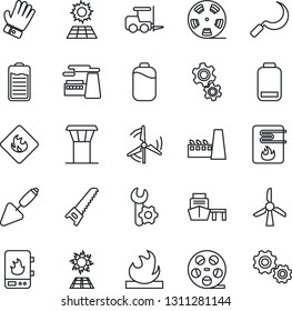 Thin Line Icon Set - airport tower vector, fork loader, factory, trowel, glove, saw, sickle, sea port, flammable, reel, battery, low, root setup, sun panel, windmill, water heater, gear