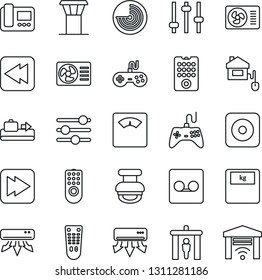Thin Line Icon Set - airport tower vector, baggage conveyor, security gate, radar, scales, gamepad, remote control, fast forward, rewind, rec button, tuning, record, stamp, air conditioner, home