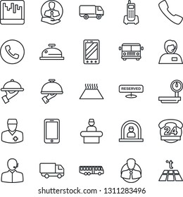 Thin Line Icon Set - airport bus vector, phone, reception, mobile, doctor, office, 24 hours, support, client, car delivery, heavy scales, call, scanner, reserved, waiter, warm floor