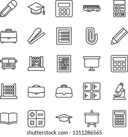 Thin Line Icon Set - airport bus vector, checkroom, book, calculator, graduate, abacus, presentation board, microscope, case, paper clip, pencil, stapler