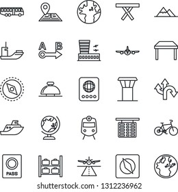 Thin Line Icon Set - airport tower vector, runway, bus, train, reception bell, passport, globe, plane, flight table, luggage storage, building, picnic, bike, route, navigation, earth, sea shipping