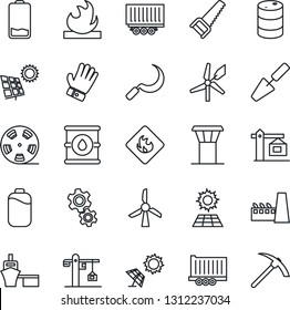 Thin Line Icon Set - airport tower vector, trowel, glove, saw, sickle, truck trailer, sea port, flammable, oil barrel, reel, low battery, sun panel, crane, factory, gear, windmill, hard work