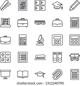 Thin Line Icon Set - airport bus vector, checkroom, book, calculator, graduate, abacus, presentation board, microscope, case, paper clip, pencil, stapler