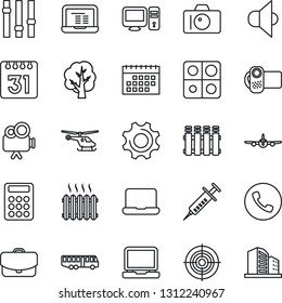Thin Line Icon Set - airport bus vector, phone, camera, plane, helicopter, notebook pc, tree, syringe, speaker, settings, video, laptop, calendar, application, calculator, target, heater, radiator