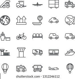 Thin Line Icon Set - airport tower vector, bus, waiting area, fork loader, ladder car, plane, building, ambulance, bike, earth, sea shipping, delivery, port, consolidated cargo, up side sign, moving