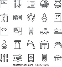 Thin Line Icon Set - airport tower vector, baggage conveyor, security gate, stamp, radar, scales, gamepad, settings, remote control, tuning, air conditioner, vip zone, home, intercome, app, garage