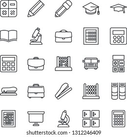 Thin Line Icon Set - airport bus vector, checkroom, book, calculator, graduate, abacus, presentation board, microscope, case, pencil, stapler