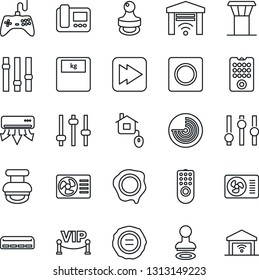 Thin Line Icon Set - airport tower vector, stamp, radar, scales, gamepad, settings, fast forward, tuning, record, air conditioner, vip zone, home control, remote, intercome, garage gate