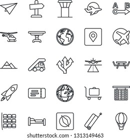 Thin Line Icon Set - airport tower vector, runway, suitcase, baggage trolley, ticket, bed, ladder car, helicopter, seat map, flight table, picnic, route, earth, plane, place tag, compass, mountains