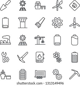 Thin Line Icon Set - airport tower vector, factory, trowel, saw, truck trailer, sea port, flammable, battery, low, root setup, sun panel, windmill, crane, water heater, gear, hard work