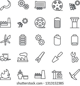 Thin Line Icon Set - airport tower vector, fork loader, factory, trowel, saw, sickle, truck trailer, sea port, flammable, reel, battery, low, root setup, sun panel, crane, gear, windmill, hard work