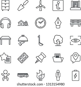 Thin Line Icon Set - airport bus vector, baby, manager, abacus, trowel, tree, fire, bench, pills blister, mobile tracking, archive chest, headphones, favorites list, paper pin, clock, ink pen, table