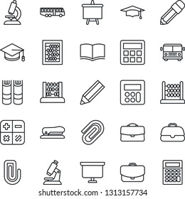 Thin Line Icon Set - airport bus vector, book, calculator, graduate, abacus, presentation board, microscope, case, paper clip, pencil, stapler