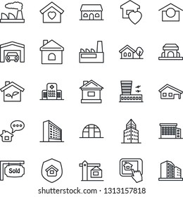 Thin Line Icon Set - airport building vector, office, factory, house, greenhouse, hospital, warehouse storage, with garage, tree, sold signboard, sweet home, crane, estate insurance, cafe, eco