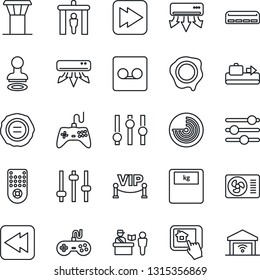 Thin Line Icon Set - airport tower vector, baggage conveyor, passport control, security gate, stamp, radar, scales, gamepad, settings, remote, fast forward, rewind, tuning, record, air conditioner