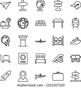 Thin Line Icon Set - airport tower vector, taxi, baggage trolley, bus, train, passport, globe, ladder car, plane, boarding, luggage storage, scales, case, signpost, pin, sea shipping, bedroom, table