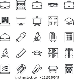 Thin Line Icon Set - airport bus vector, checkroom, book, calculator, graduate, abacus, presentation board, microscope, case, paper clip, pencil, stapler