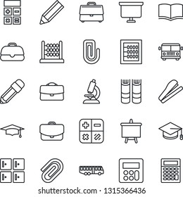Thin Line Icon Set - airport bus vector, checkroom, book, calculator, graduate, presentation board, microscope, case, paper clip, abacus, pencil, stapler