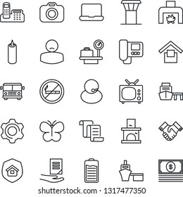 Thin Line Icon Set - airport tower vector, bus, no smoking, luggage scales, contract, document, butterfly, fireplace, patient, support, sea port, warehouse storage, camera, battery, settings, tv