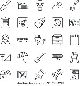 Thin Line Icon Set - airport bus vector, umbrella, building, notepad, flower in pot, trowel, garden fork, shovel, ladder, pin, container, clipboard, microphone, group, paper, rca, cut, compass