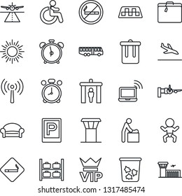 Thin Line Icon Set - airport tower vector, runway, antenna, taxi, arrival, suitcase, bus, parking, security gate, alarm clock, smoking place, no, trash bin, waiting area, vip, wireless notebook, sun