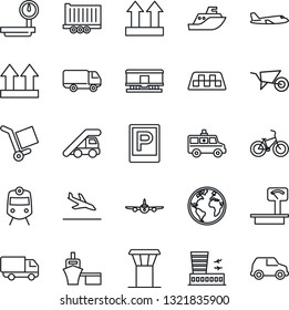Thin Line Icon Set - airport tower vector, taxi, arrival, parking, train, ladder car, plane, building, wheelbarrow, ambulance, bike, earth, sea shipping, truck trailer, delivery, port, cargo