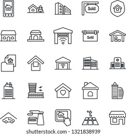 Thin Line Icon Set - airport building vector, factory, house, hospital, warehouse storage, with tree, garage, estate document, sold signboard, office, sweet home, city, insurance, cafe, control app