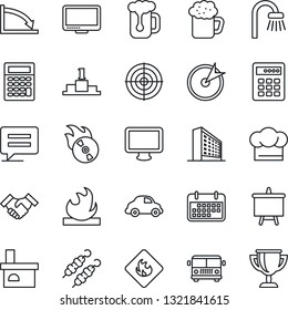 Thin Line Icon Set - airport bus vector, office building, presentation board, fireplace, car delivery, term, flammable, flame disk, monitor, message, target, handshake, bathroom, cook hat, beer