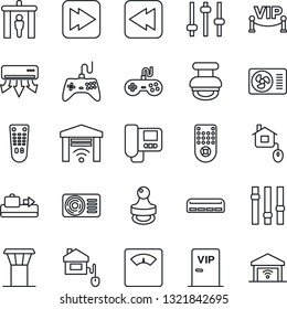 Thin Line Icon Set - airport tower vector, baggage conveyor, security gate, scales, gamepad, settings, remote control, fast forward, rewind, tuning, stamp, air conditioner, vip zone, home, intercome