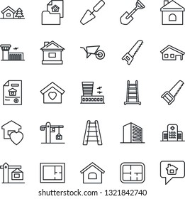 Thin Line Icon Set - airport building vector, office, trowel, shovel, ladder, wheelbarrow, saw, house, hospital, with garage, tree, plan, estate document, sweet home, crane, message