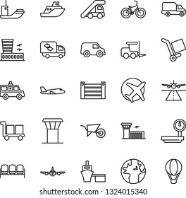 Thin Line Icon Set - airport tower vector, runway, waiting area, fork loader, ladder car, plane, building, wheelbarrow, ambulance, bike, earth, sea shipping, delivery, port, container, cargo, moving