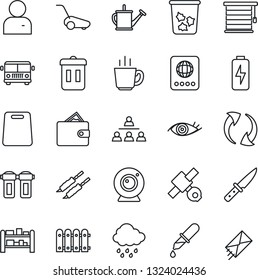 Thin Line Icon Set - airport bus vector, trash bin, passport, watering can, lawn mower, rain, dropper, eye, satellite, rack, update, user, charge, hierarchy, fence, coffee, kebab, cutting board