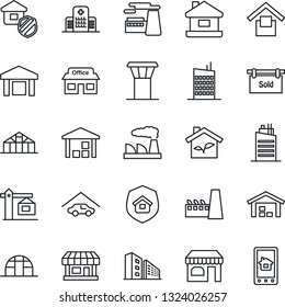 Thin Line Icon Set - airport tower vector, shop, factory, greenhouse, hospital, store, warehouse storage, house, garage, sold signboard, office building, city, crane, estate insurance, eco