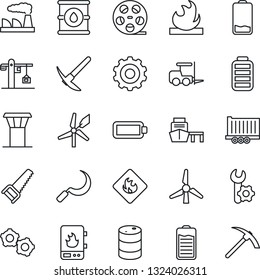 Thin Line Icon Set - airport tower vector, fork loader, gear, factory, saw, sickle, truck trailer, sea port, flammable, oil barrel, reel, battery, low, root setup, windmill, crane, water heater