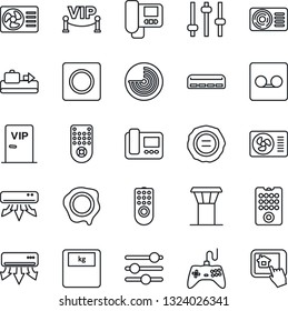 Thin Line Icon Set - airport tower vector, baggage conveyor, radar, stamp, scales, gamepad, remote control, tuning, record, air conditioner, vip zone, intercome, home app