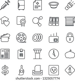 Thin Line Icon Set - airport tower vector, lock, dollar sign, pumpkin, diagnosis, syringe, reel, share, themes, clock, torch, sertificate, identity card, paper binder, tray, mail, sweet home, plates