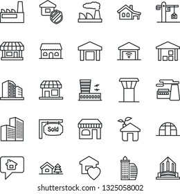 Thin Line Icon Set - airport tower vector, shop, building, factory, greenhouse, store, warehouse, office, house with garage, tree, sold signboard, sweet home, crane, estate insurance, cafe, eco