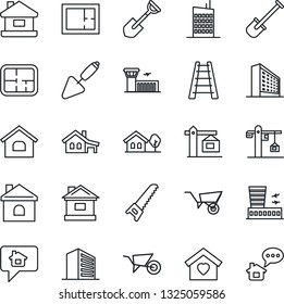 Thin Line Icon Set - airport building vector, office, trowel, shovel, ladder, wheelbarrow, saw, house, with garage, tree, plan, sweet home, city, crane, message