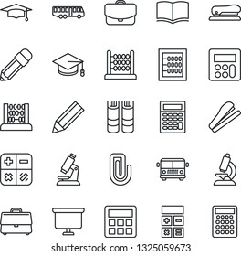 Thin Line Icon Set - airport bus vector, book, calculator, graduate, abacus, presentation board, microscope, case, paper clip, pencil, stapler